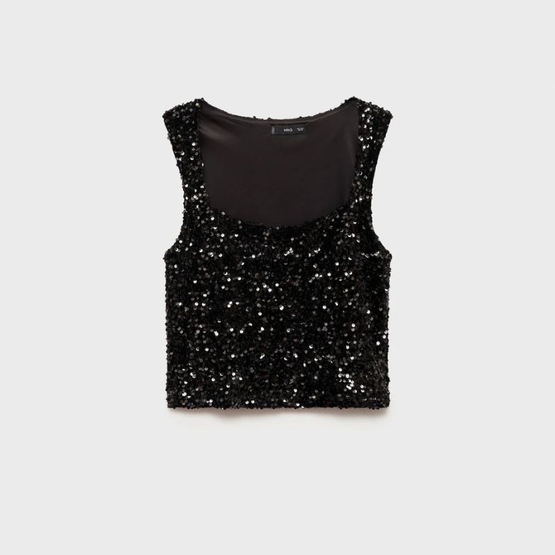 tendencia blusas 2000 en 2025 Top tirantes lentejuelas Azul marino oscuro Tejido con lentejuelas. Diseño recto. Cuello redondo. Cuello escotado. Tirantes anchos. Sin mangas. Sin cierre.