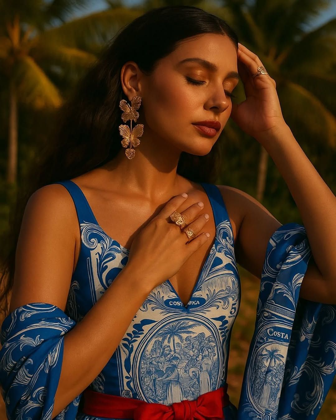 Vestido con estampado inspirado en el billete de 5 colones costarricenses, con silueta victoriana y colores naturales.